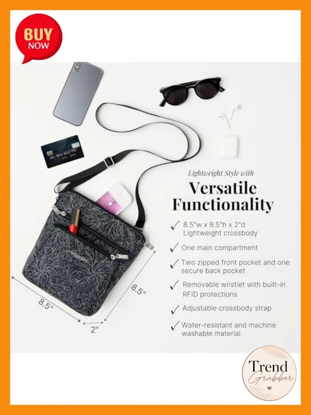 Lightweight Water-Resistant Nylon Crossbody Bag with RFID Wristlet, Small